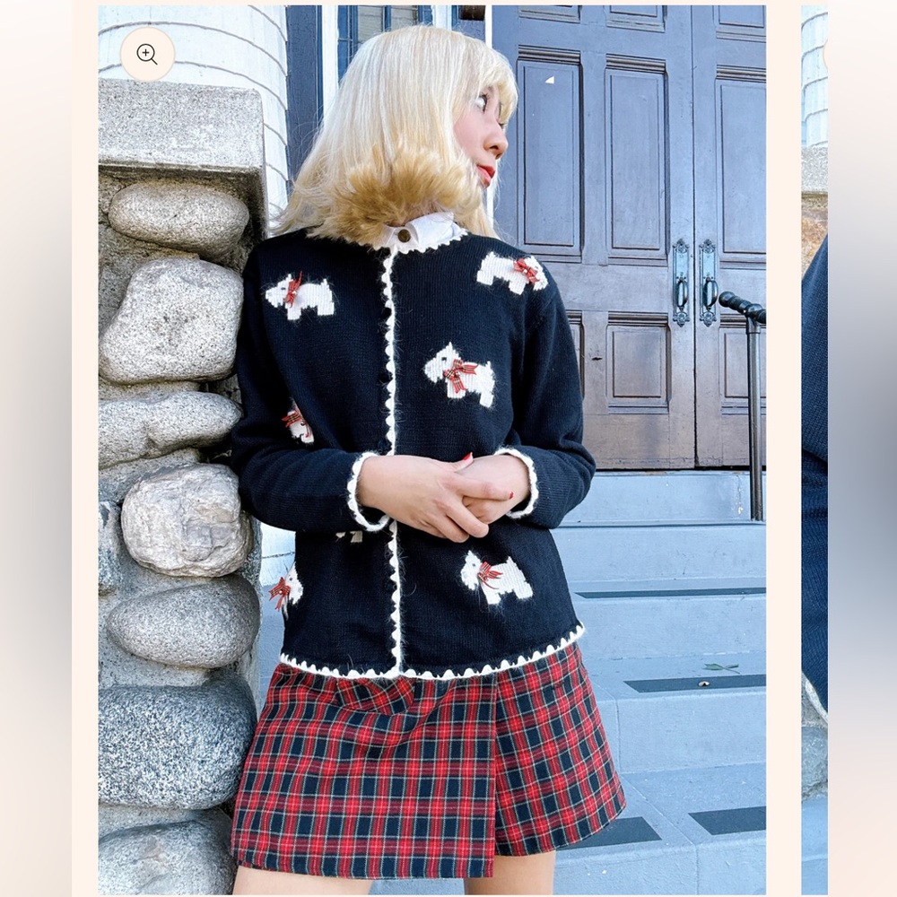 Vintage Talbots Scottish Terrier Dog Black & White Knit Cardigan Size Small